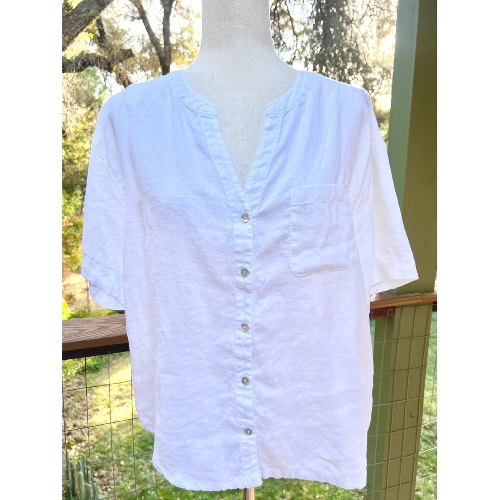 C&C California Women White 100% Linen Short Sleeve Button Down Shirt Large
